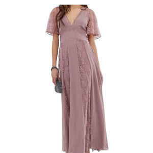Asos Mauve Pink Floral Lace V-Neck Short Sleeve Maxi Dress Sz10 (runs large)